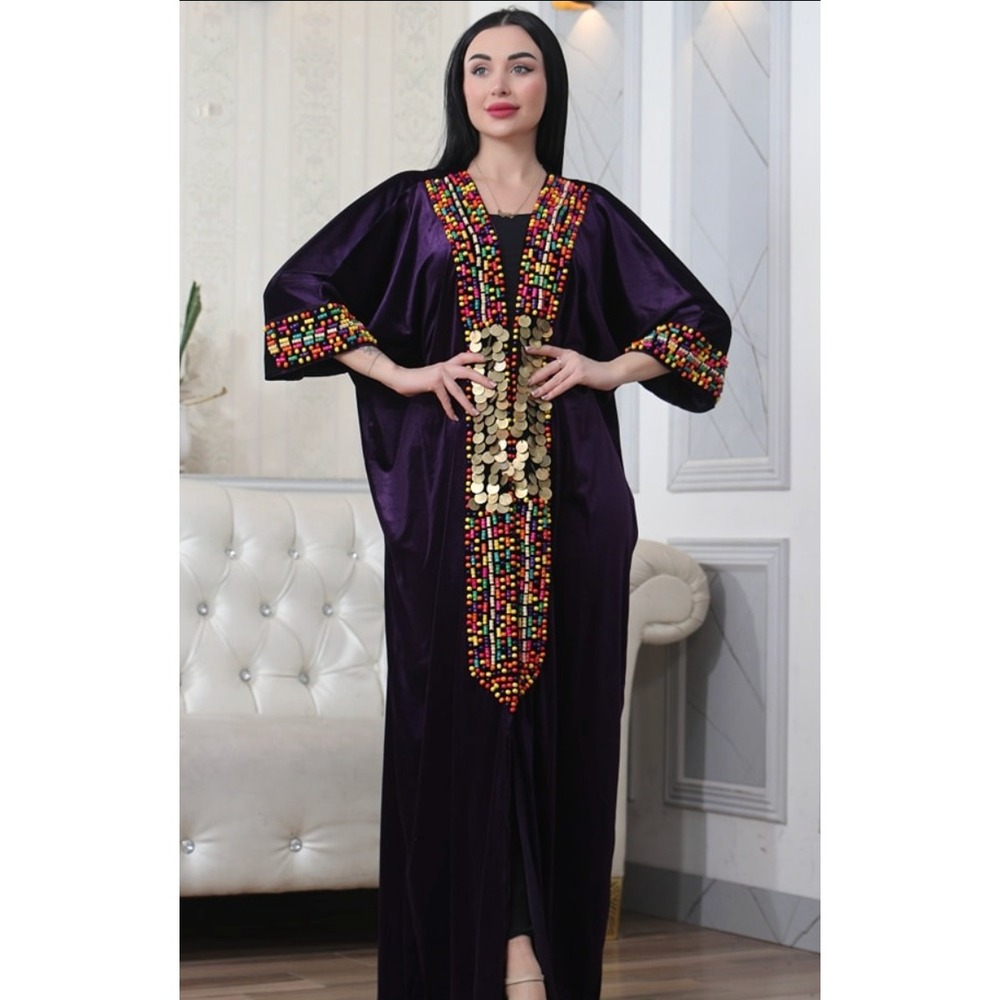 Tiba Fashion Purple Velvet Abaya Robe Beaded Coin Embellished Open Front 59in